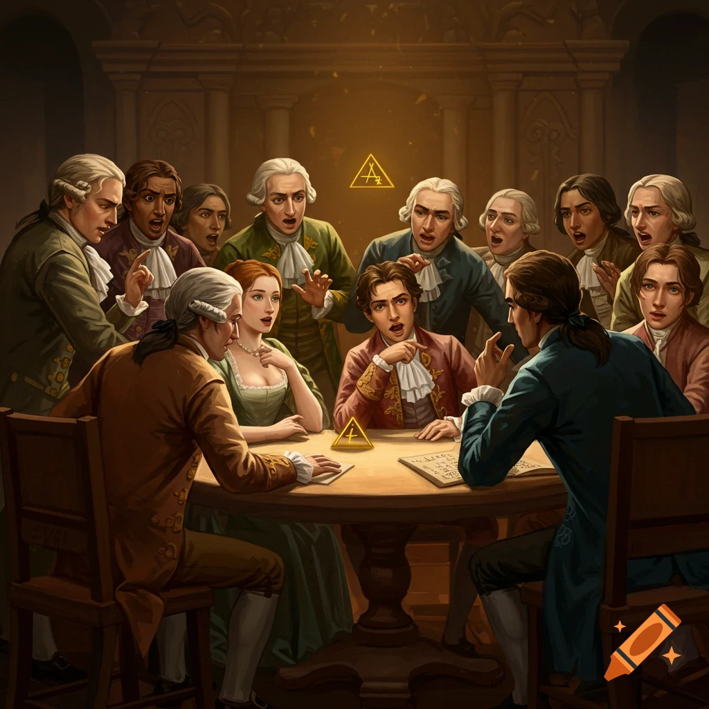 A group of people in 18th-century clothing having a dramatic meeting around a table with illuminated symbols.