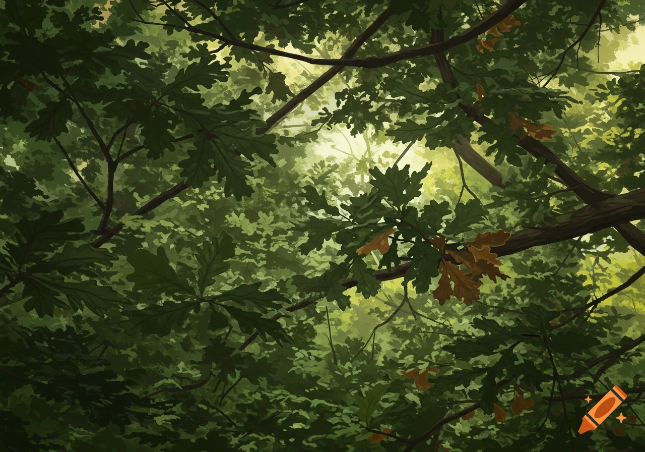 Looking up through a dense oak leaf canopy with sunlight filtering through.