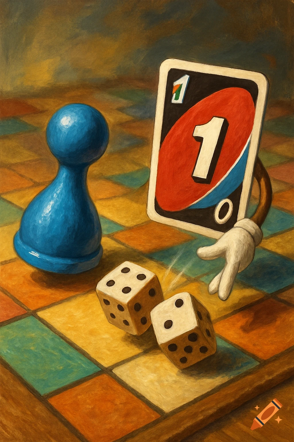 A blue pawn and an Uno card with arms roll dice on a board game surface.