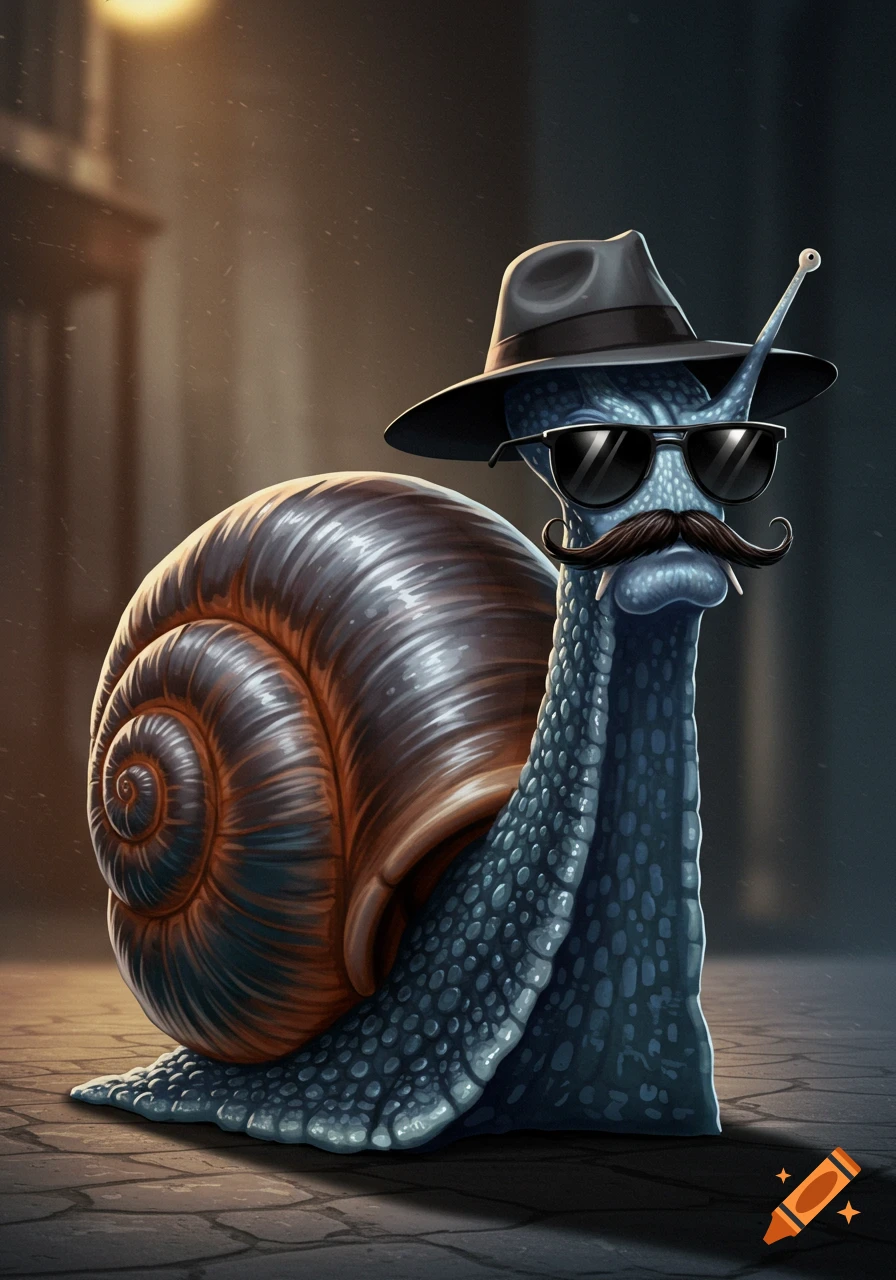 A snail dressed as a mobster, wearing a fedora, sunglasses, and a mustache, stands on a city street at night.