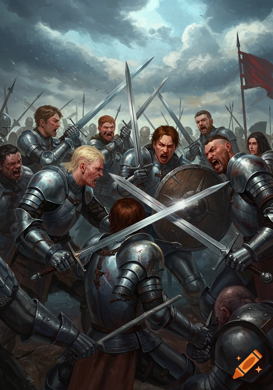 Knights in armor fighting with swords in a chaotic battle under stormy skies.
