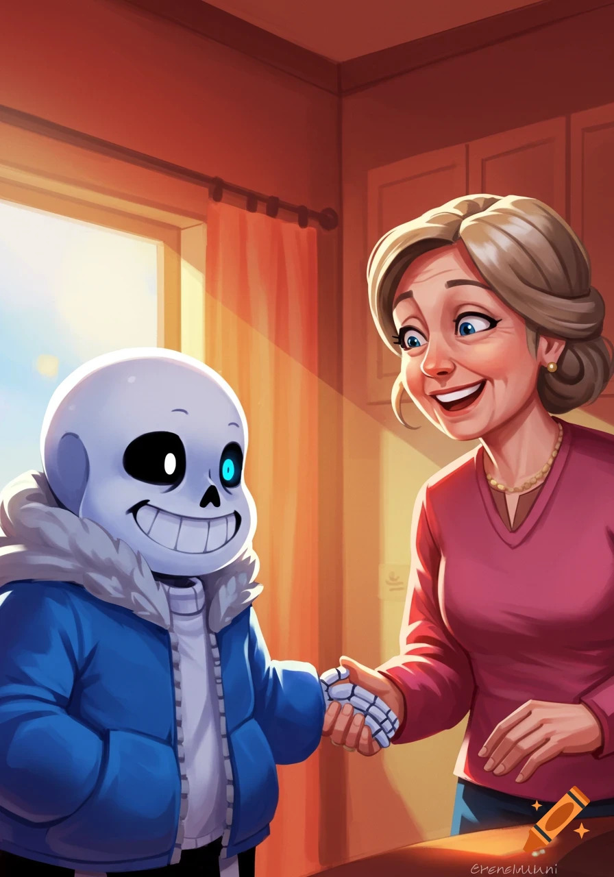 Skeleton character shaking hands with a woman.