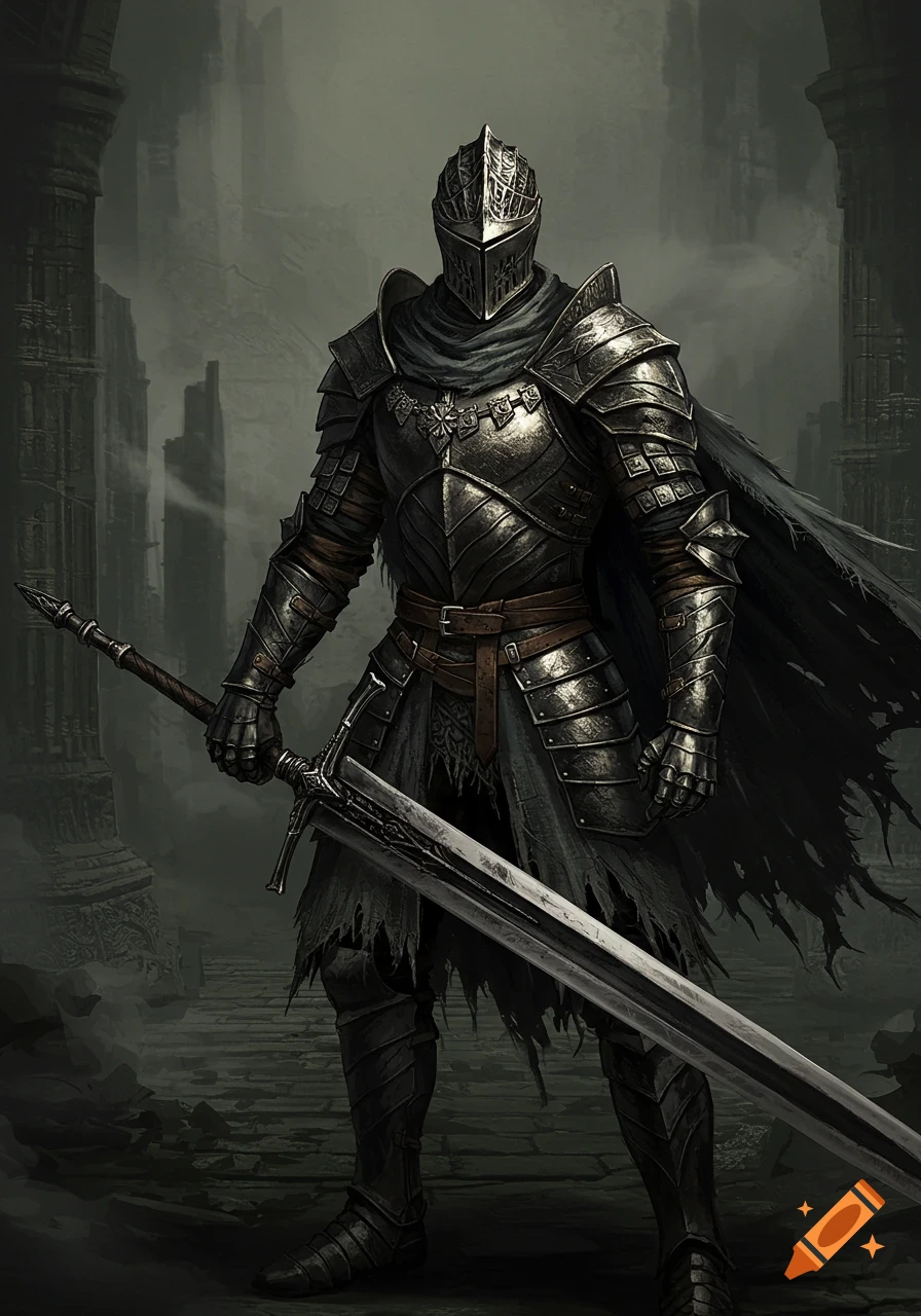 A knight in dark armor holds a longsword in a ruined landscape.