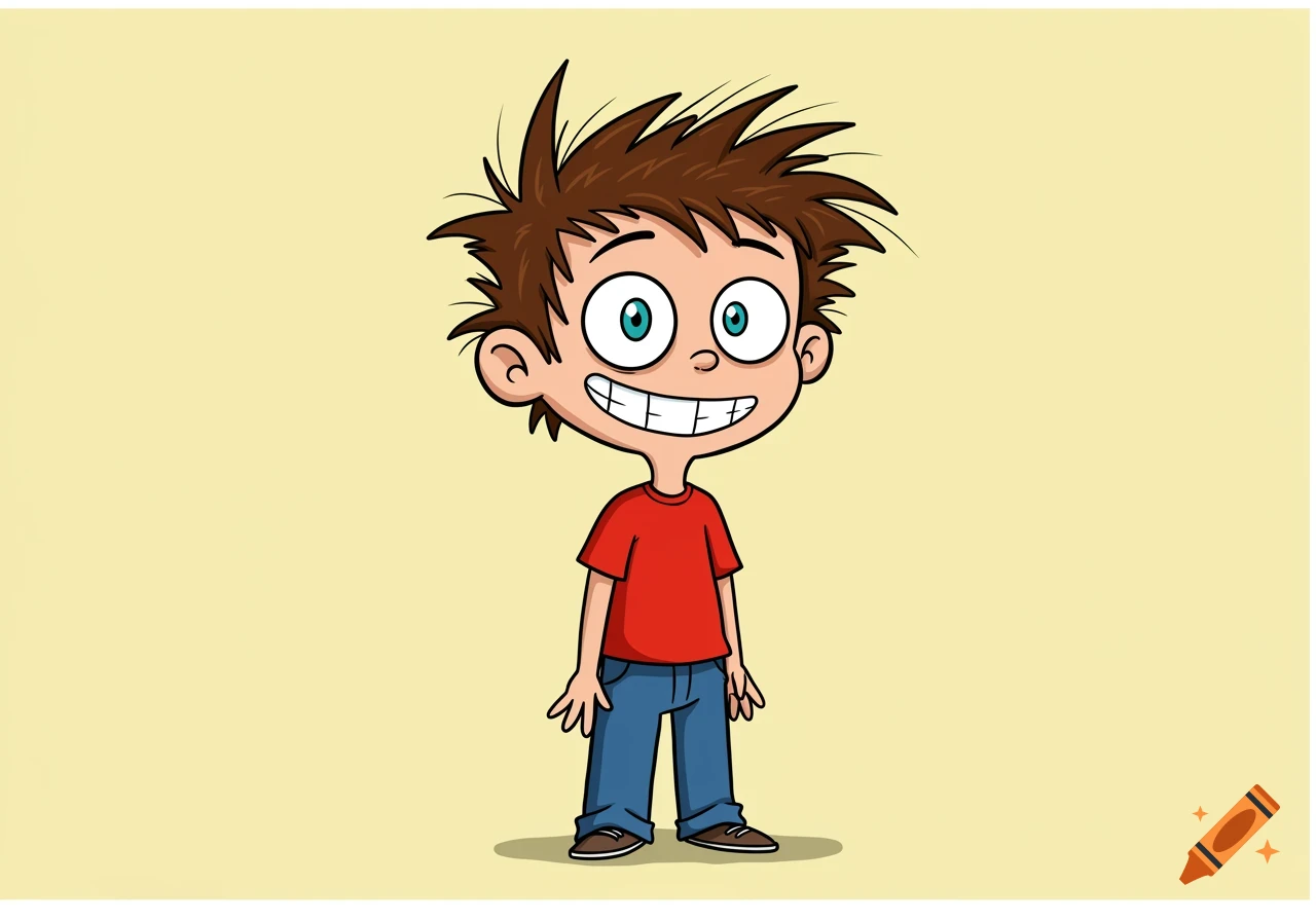 A cartoon boy with spiky brown hair, a wide smile, red shirt, and blue jeans stands against a yellow background.