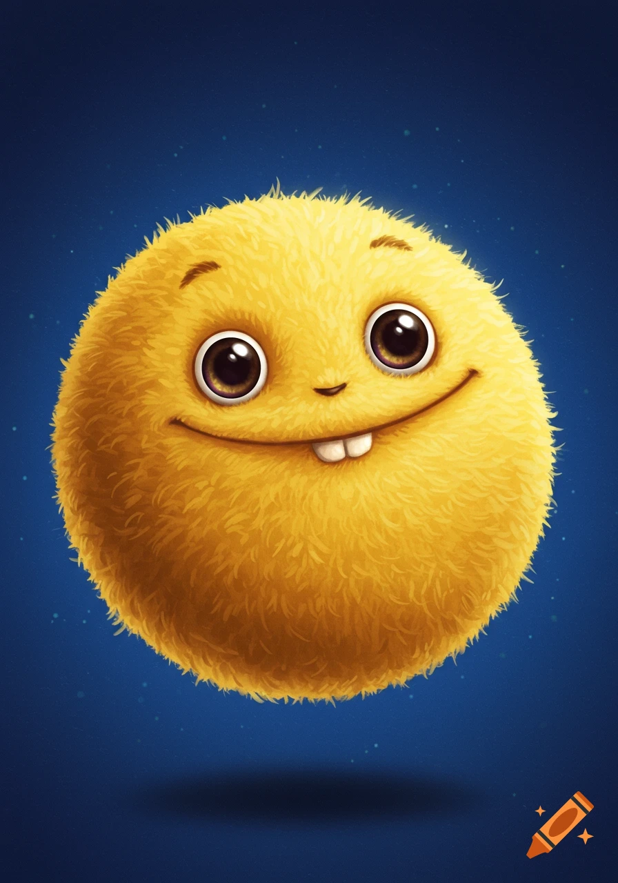 A smiling round yellow furry creature with big eyes