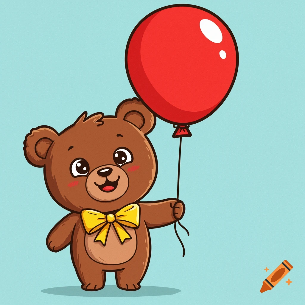 A cute cartoon teddy bear holding a red balloon.