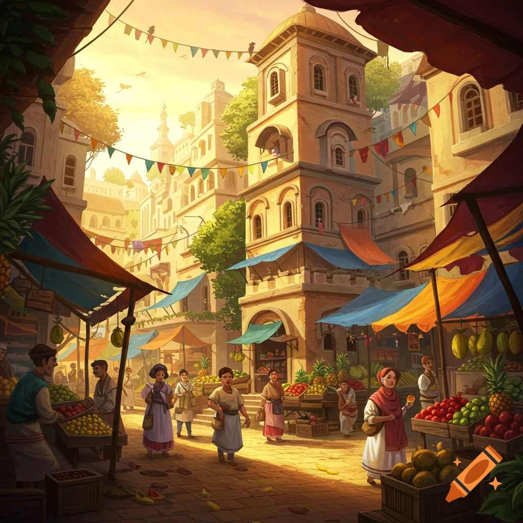 A bustling outdoor market street filled with people, vibrant fruit and vegetable stalls, and buildings bathed in the light of a bright sky.