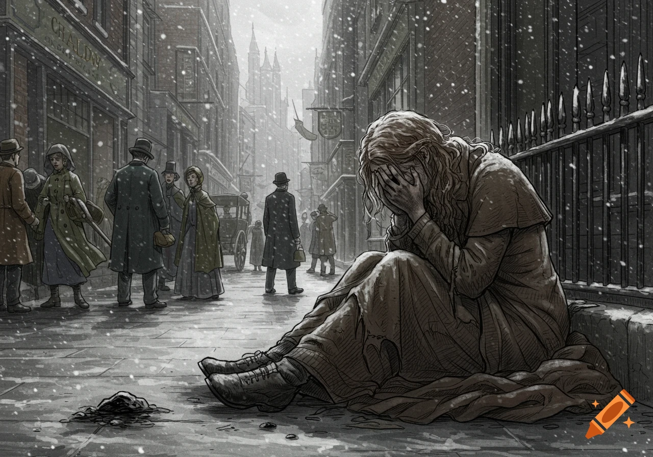 Illustration of a person sitting and crying in a snowy historical street scene.