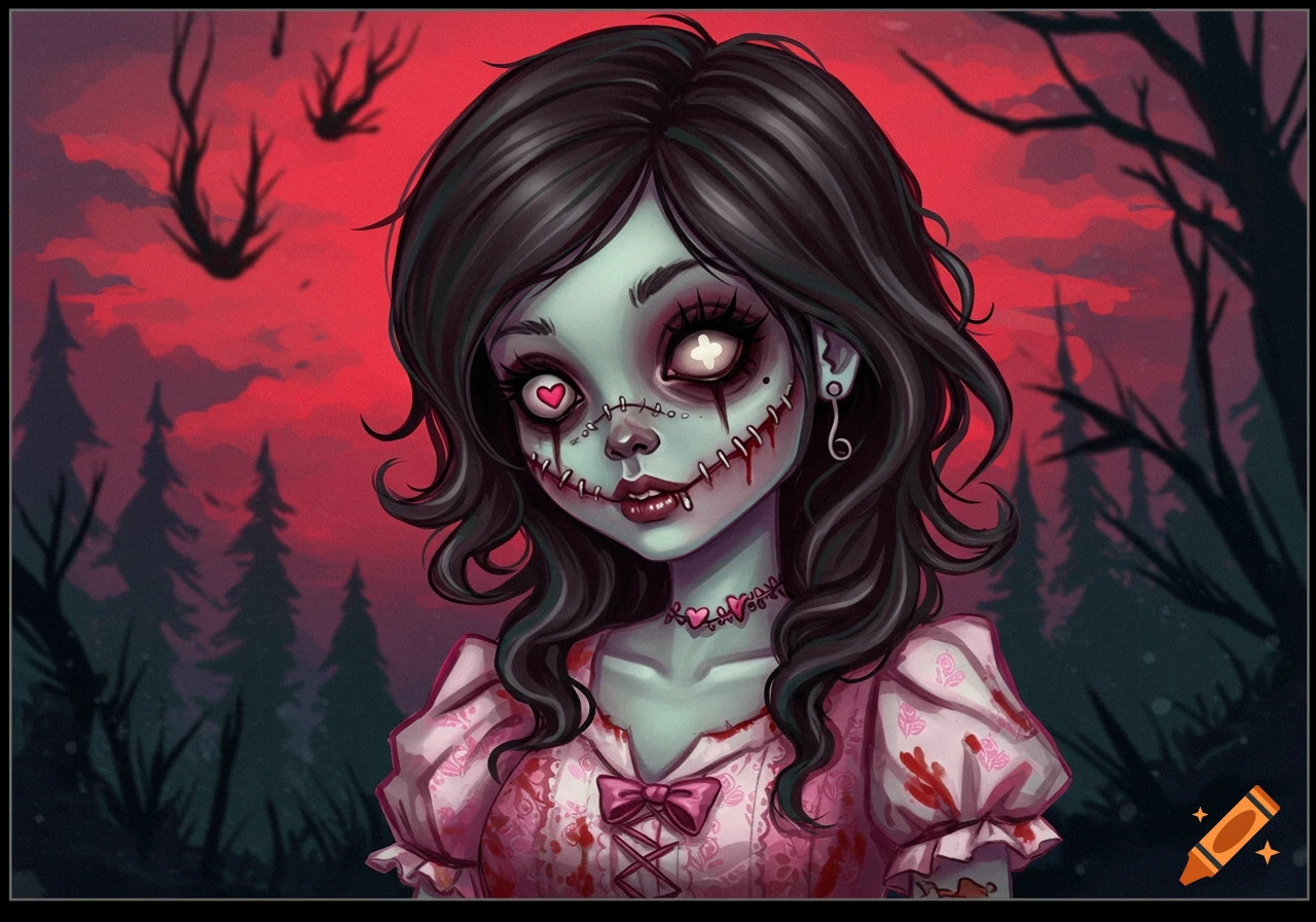 A cartoonish zombie girl with pale skin, stitches, and a blood-splattered pink dress is in a dark forest.