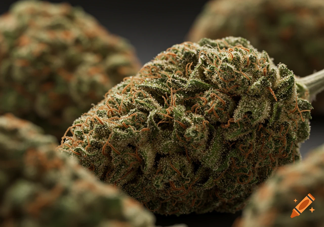 Close-up photorealistic image of cannabis buds.