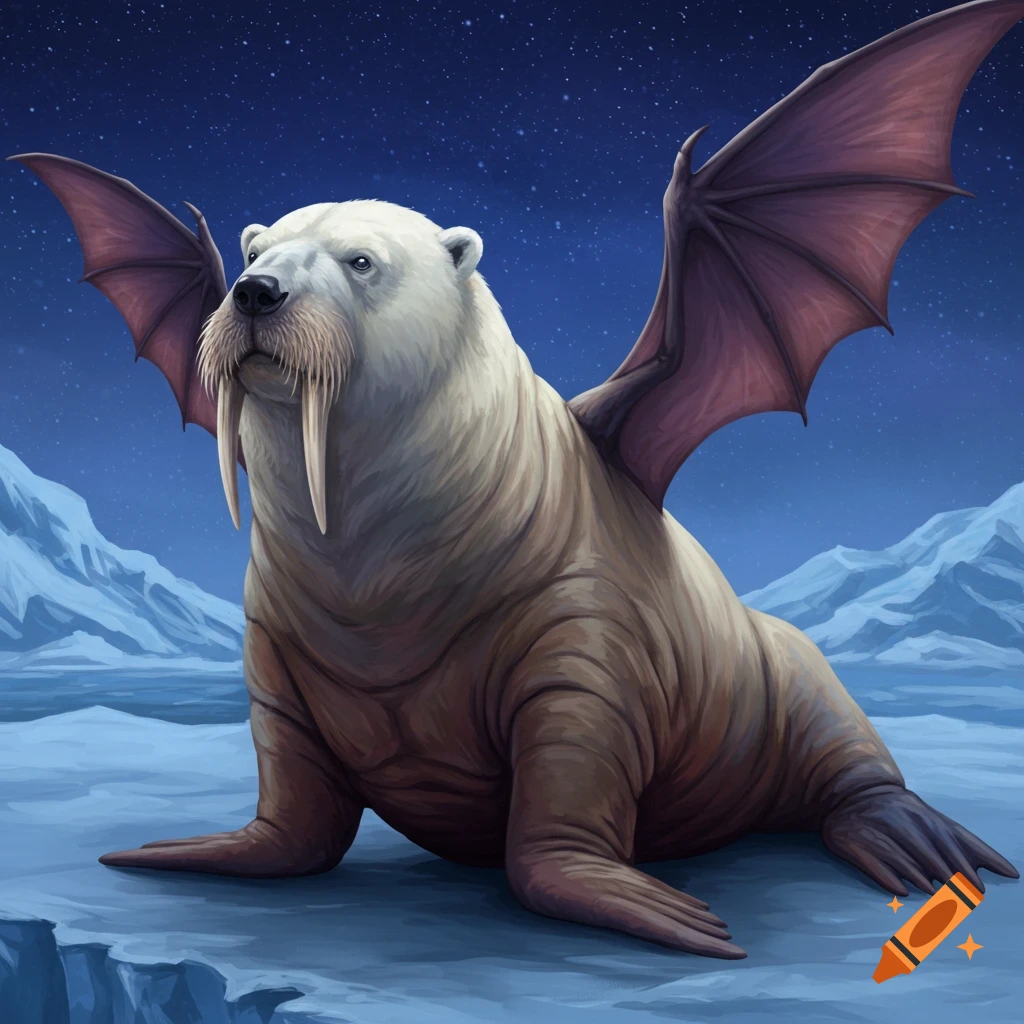 A creature blending walrus, polar bear, and bat features, sitting on ice under a starry sky.