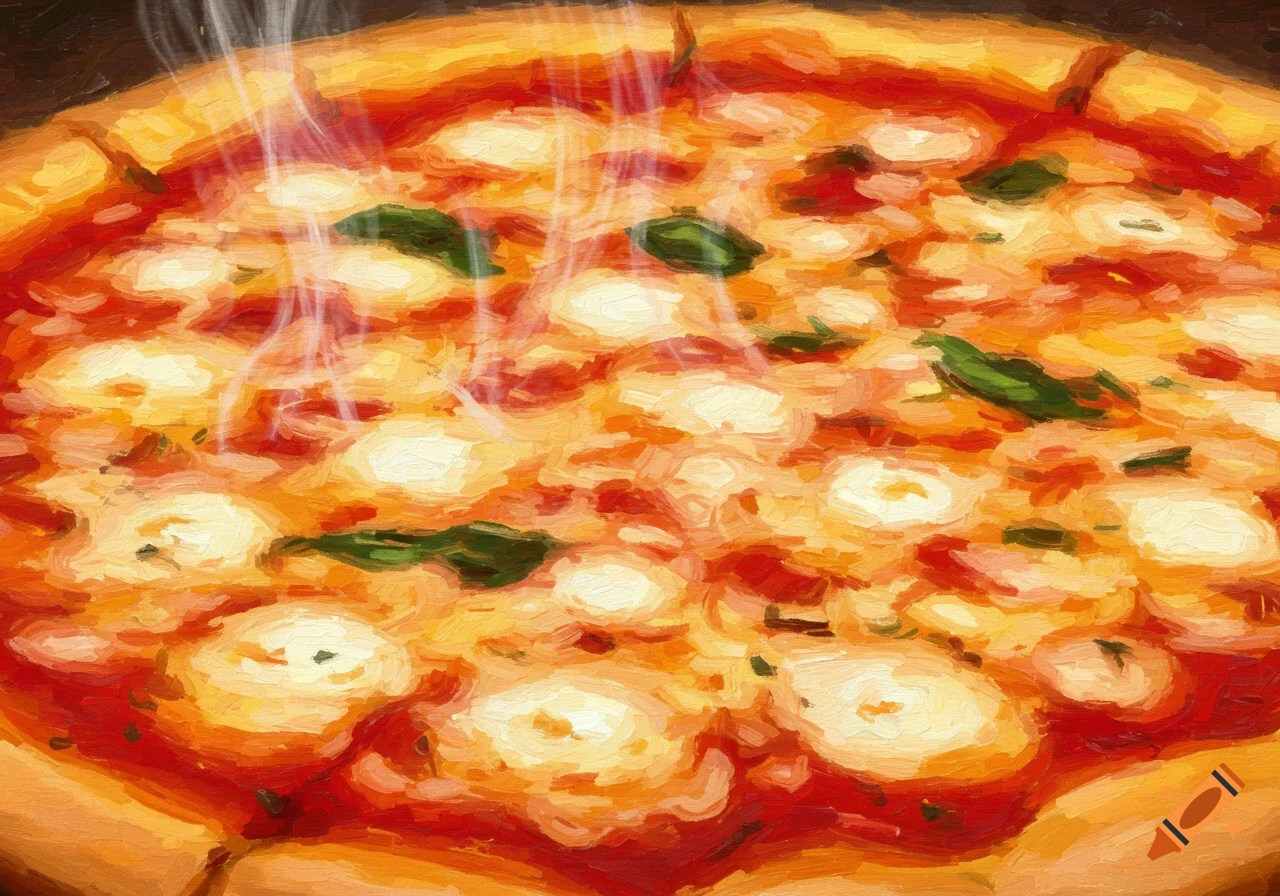 A steaming pizza with mozzarella and basil.
