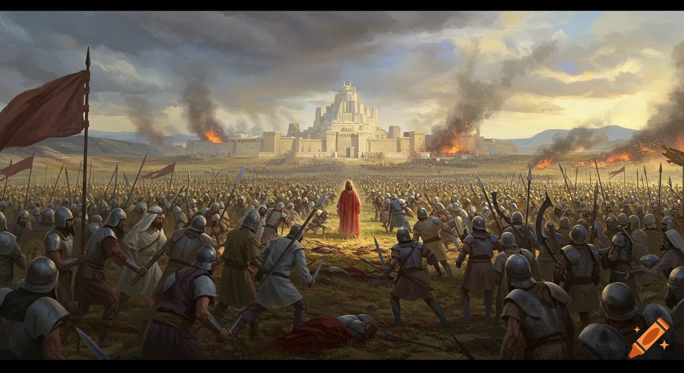 A large army surrounds a central figure in a robe, with a burning fortress in the background.