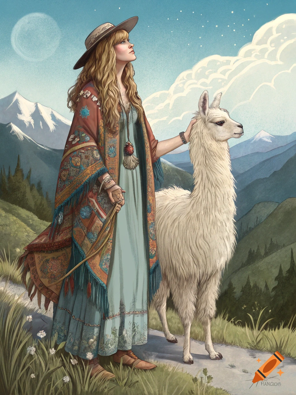 Illustration of a woman in a shawl standing with a llama in the mountains.