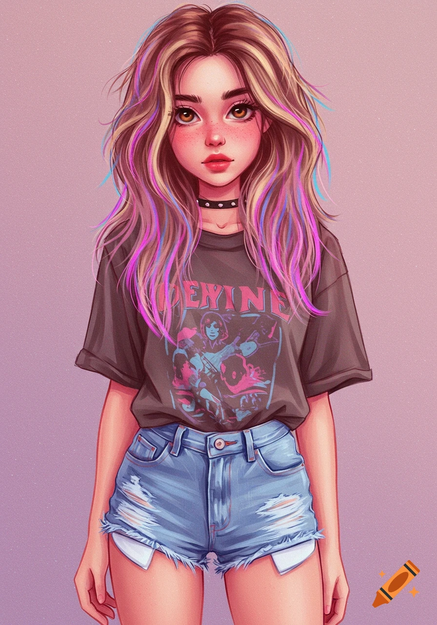 A girl with multi-colored streaks in her hair, wearing a graphic t-shirt and distressed denim shorts.