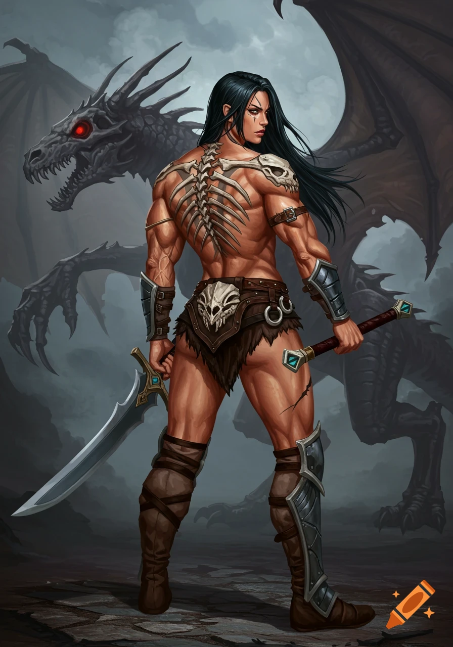 Muscular fantasy warrior with spine tattoo and sword stands before a dragon.