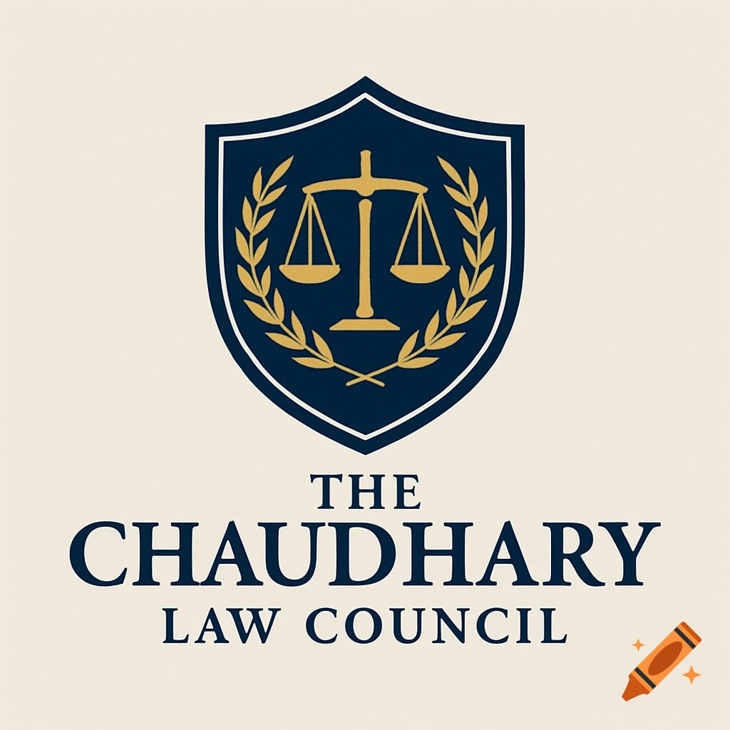 Dark blue shield logo with gold scales of justice and laurel branches above 'THE CHAUDHARY LAW COUNCIL'.