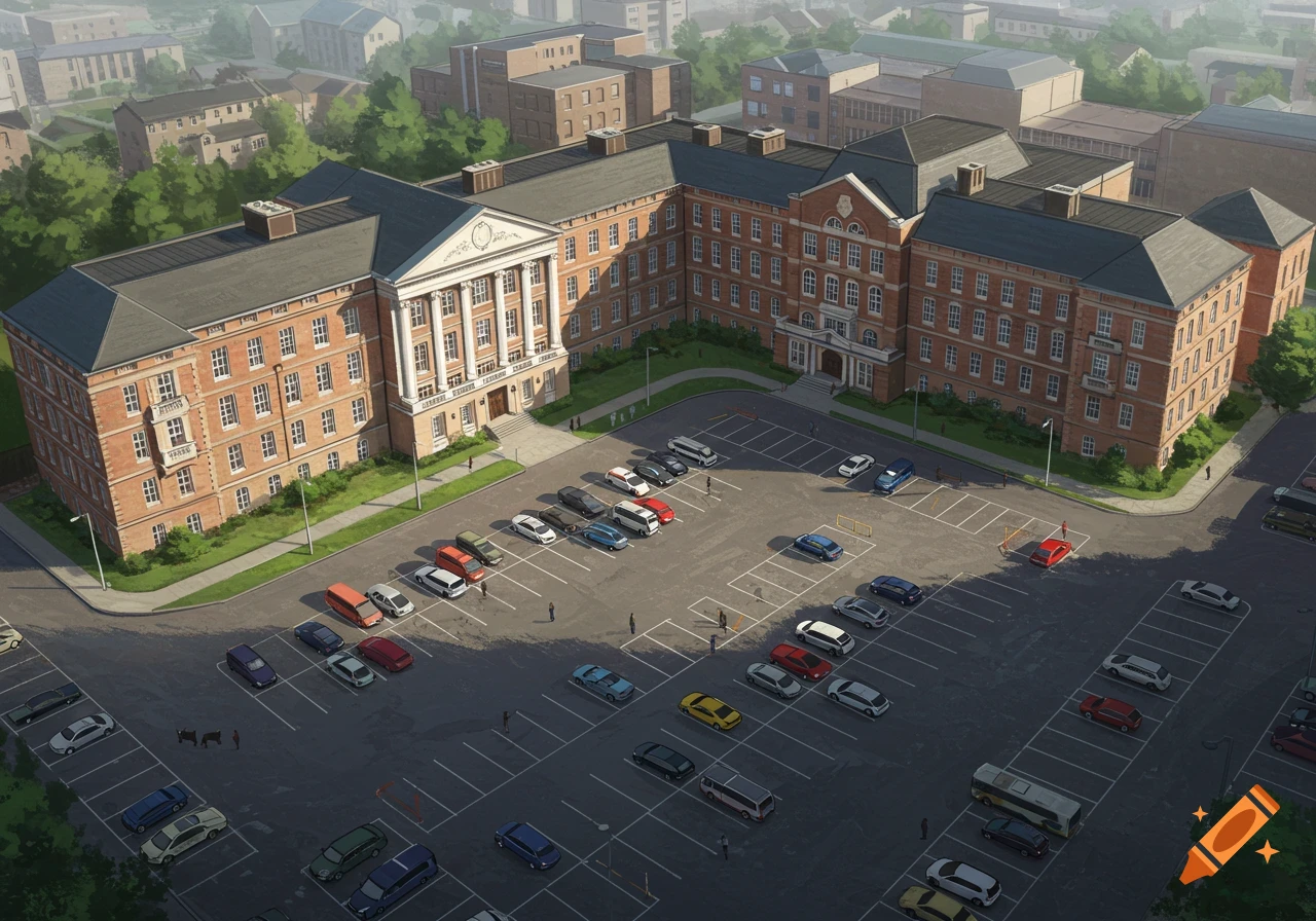 A large brick school building with a parking lot
