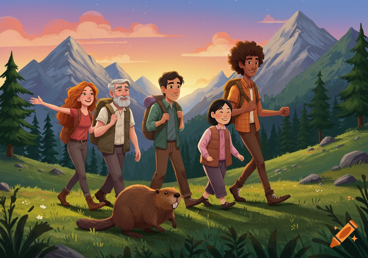 Four people and a beaver hiking on a mountain trail at sunset.