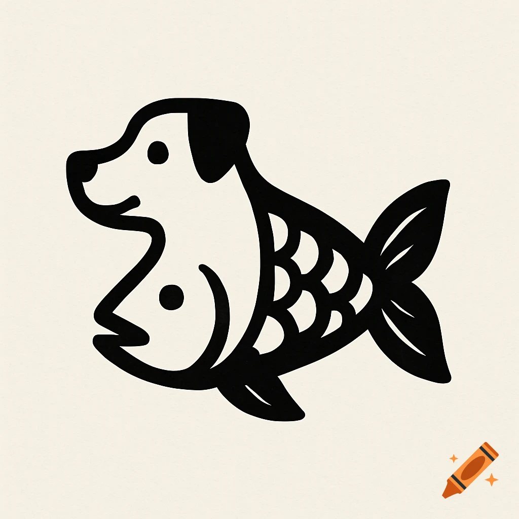 Black and white logo illustration of a creature that is half dog and half fish.
