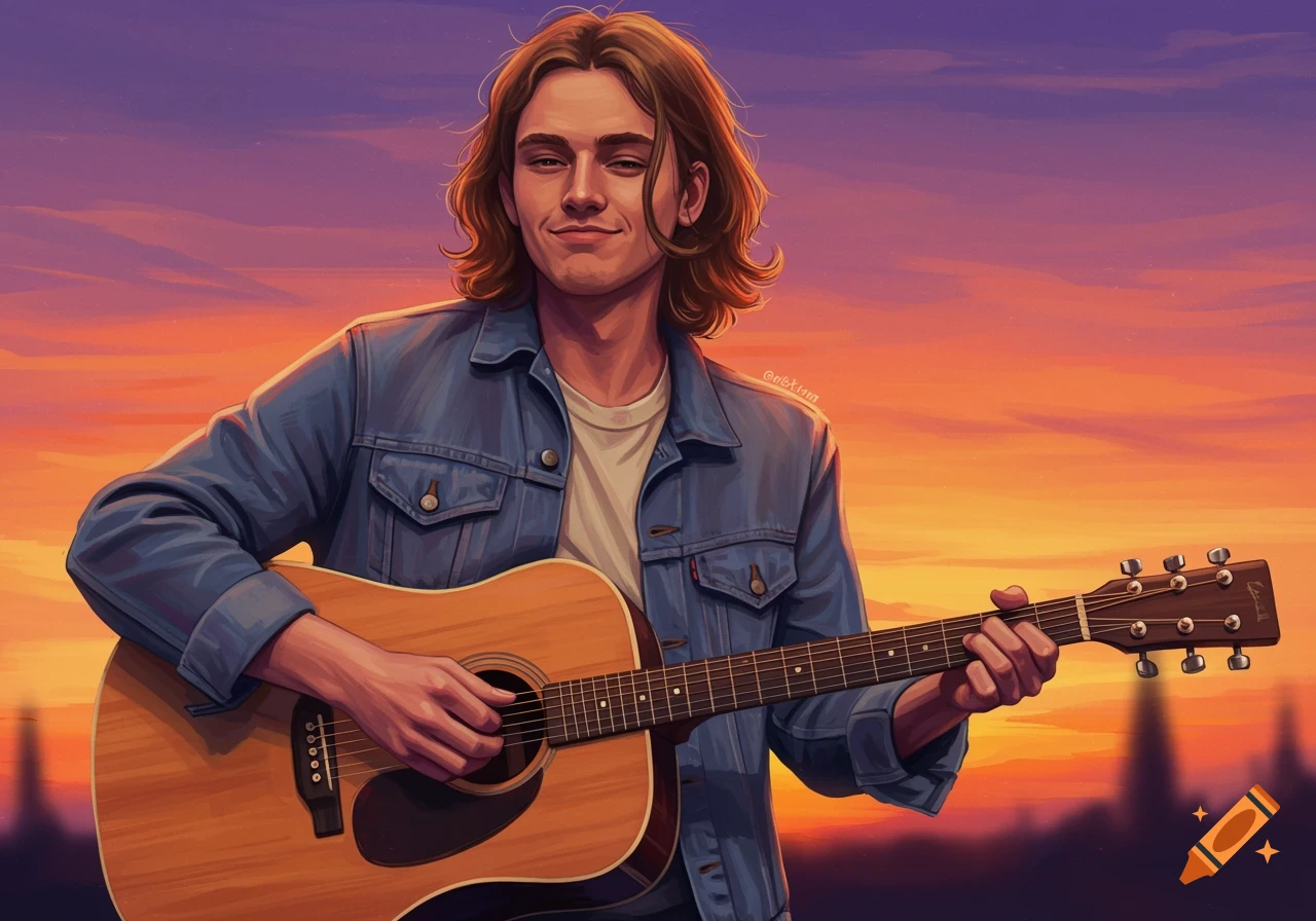 A man plays acoustic guitar at sunset.