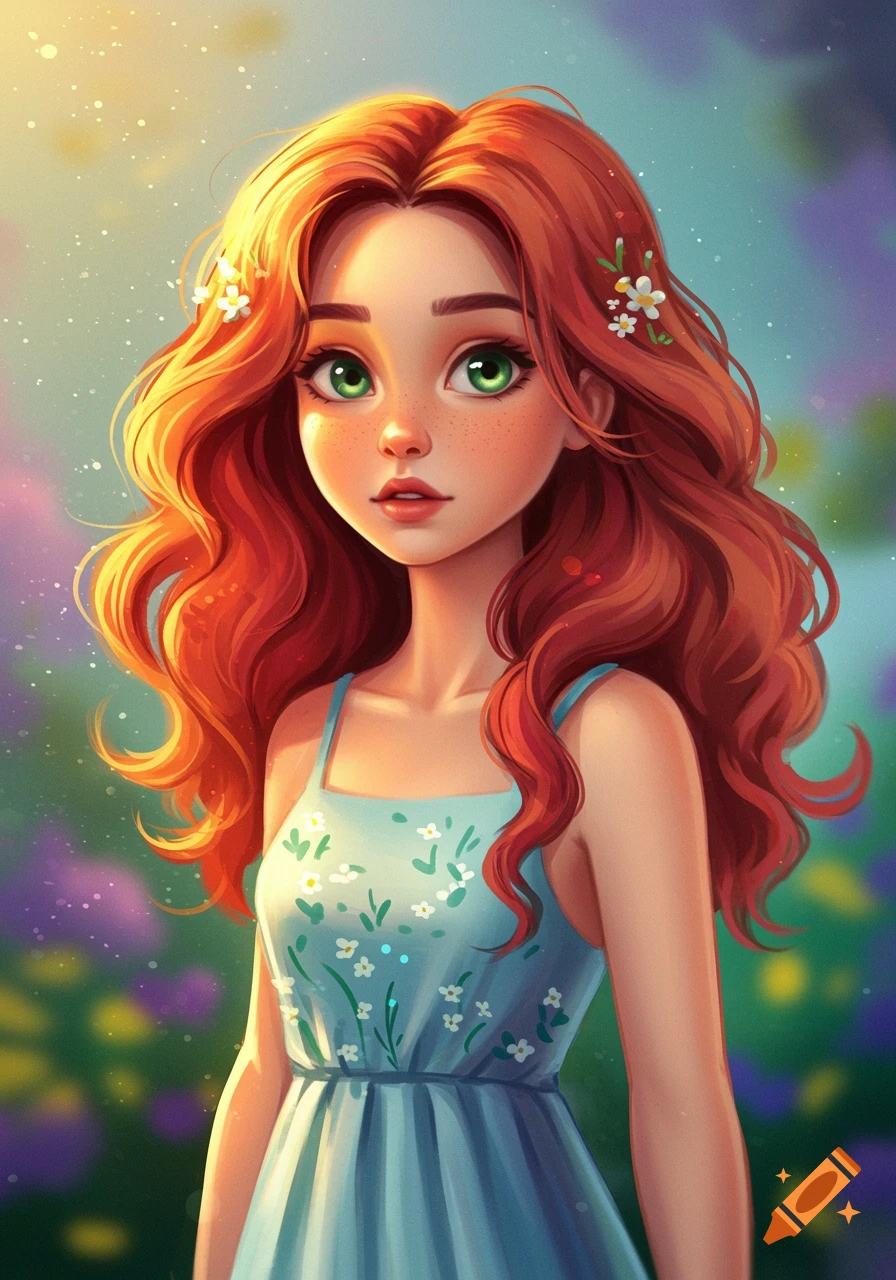 A young girl with red hair and green eyes in a floral dress stands in a meadow.
