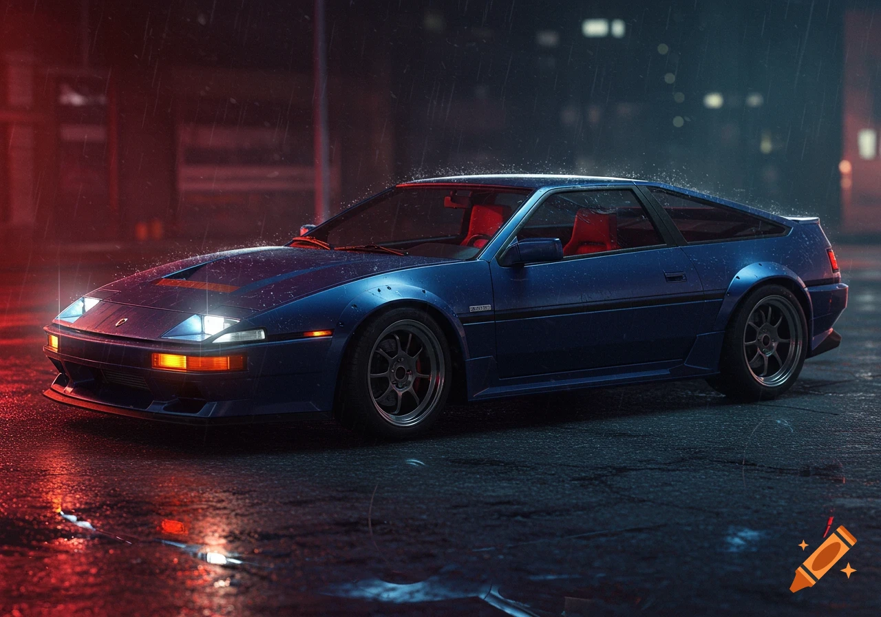 A blue sports car parked on a wet street in the rain at night.