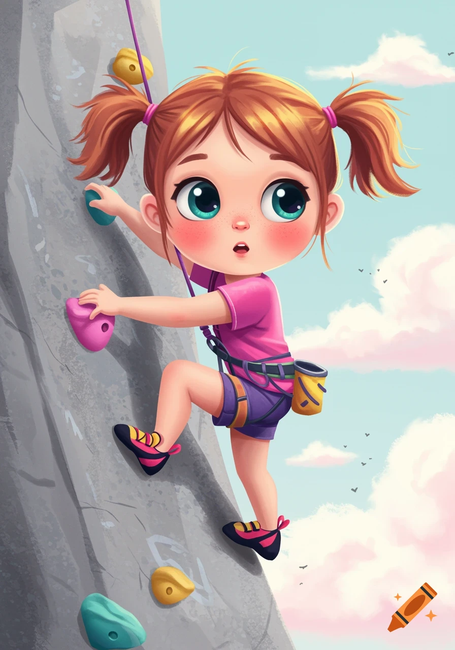 Cute cartoon girl rock climbing