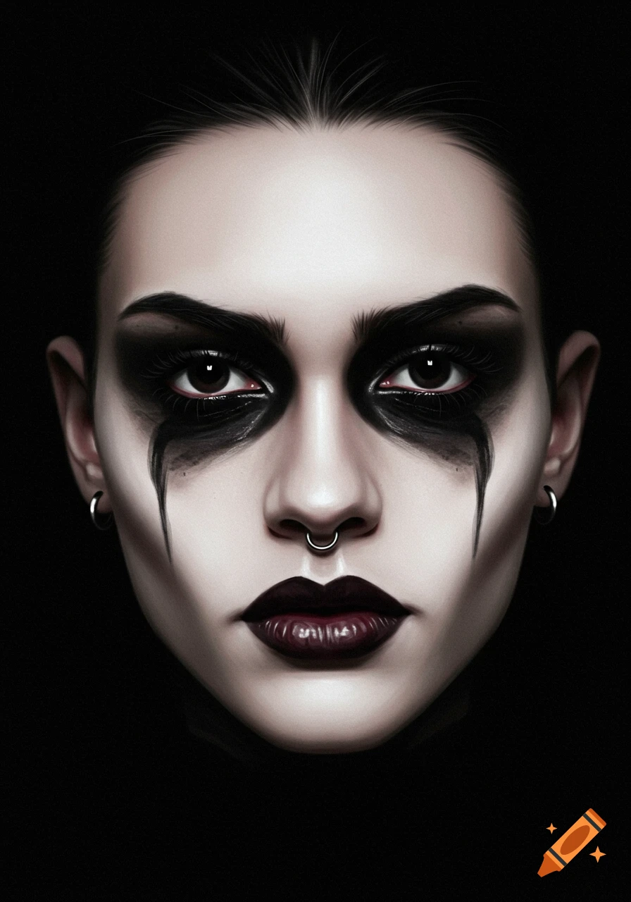 A person with dramatic black goth eye makeup, dark lips, and facial piercings against a dark background.