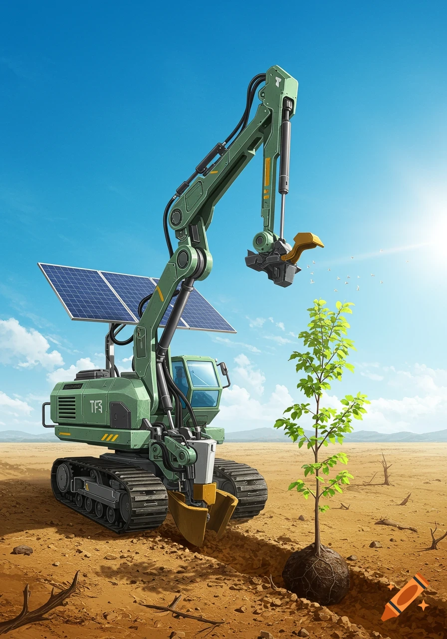 A green solar-powered excavator plants a tree in a dry landscape under a sunny sky.