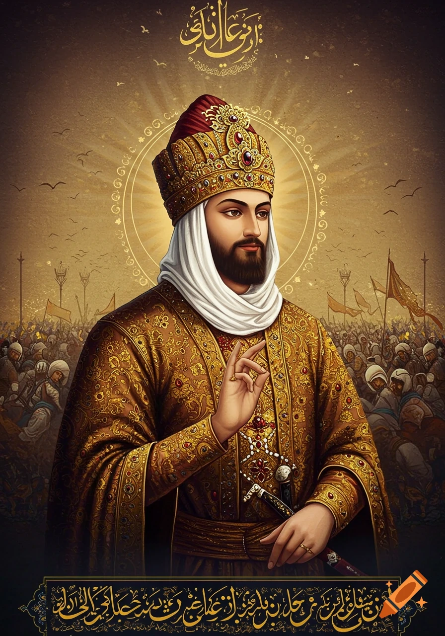 Historical figure in gold robe and crown, with crowd and flags in background and Arabic text.