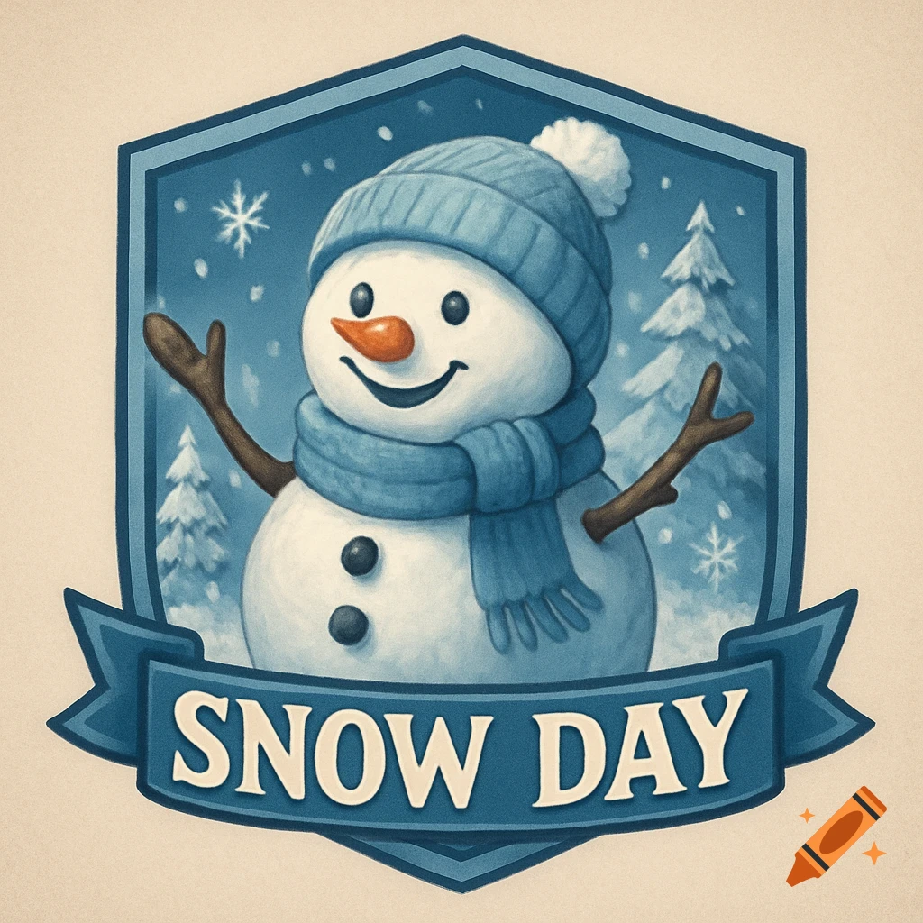 A snowman emblem with the words SNOW DAY on a banner.