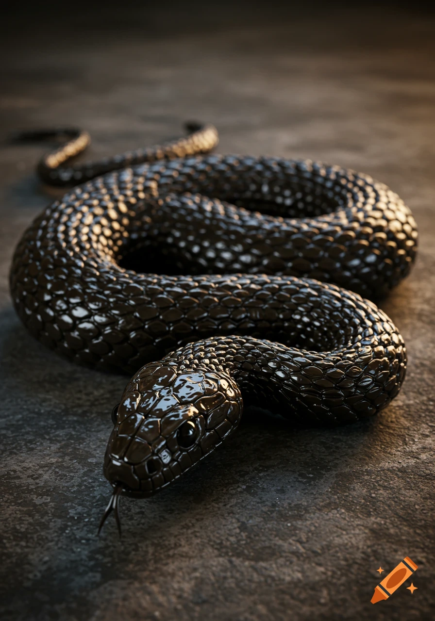 A shiny black snake coils on a dark textured surface.