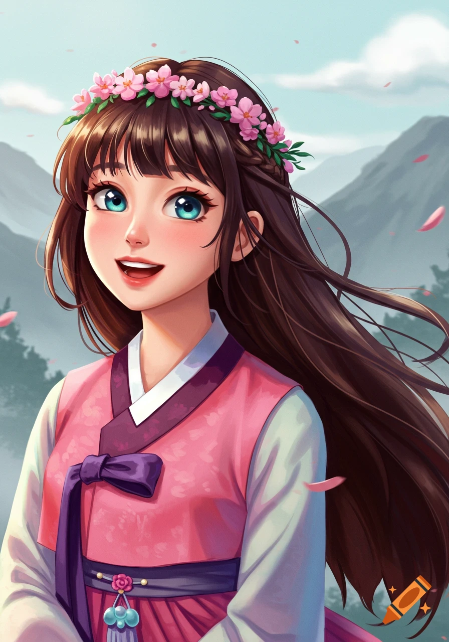 A smiling girl in a pink hanbok and floral wreath stands against a backdrop of mountains.