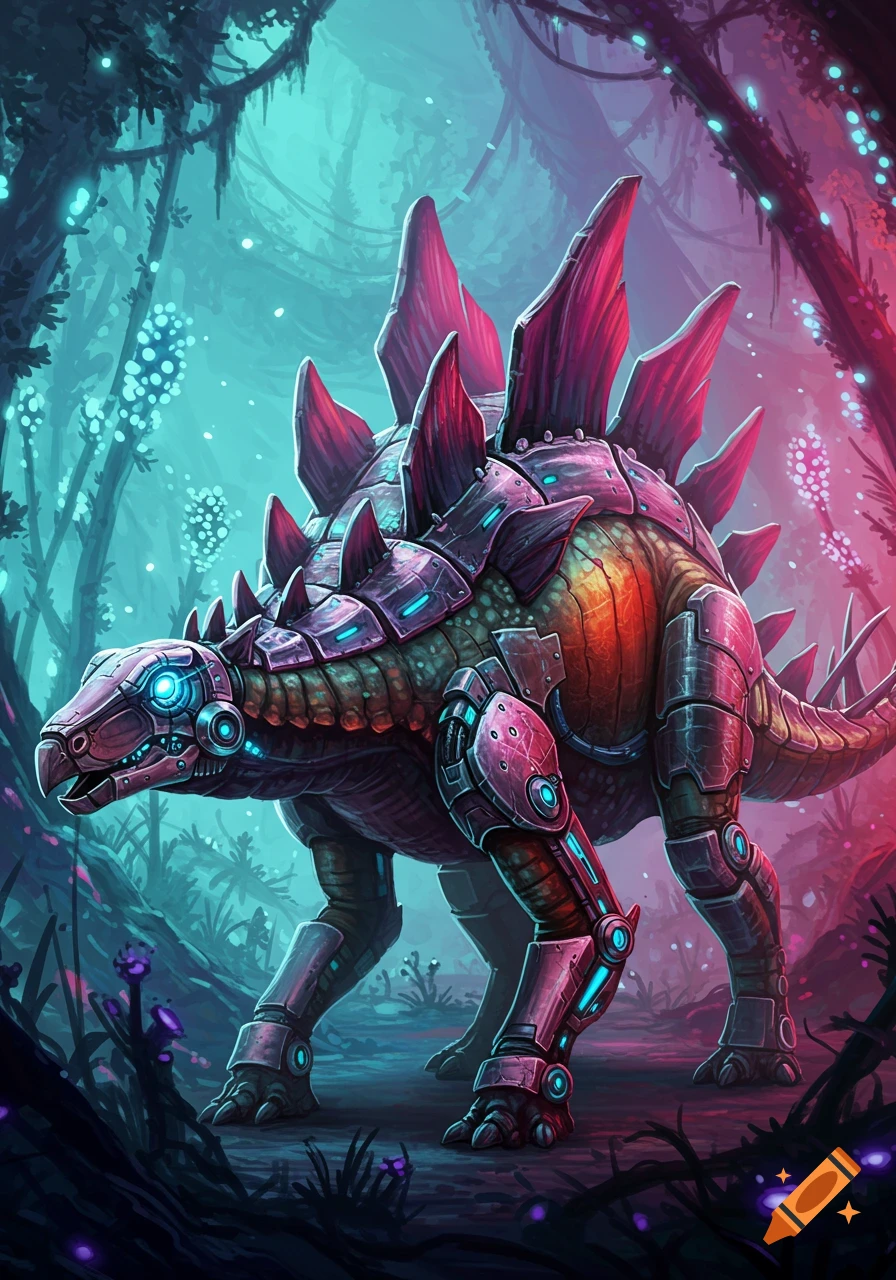 Futuristic stegosaurus with glowing panels in a magical forest.