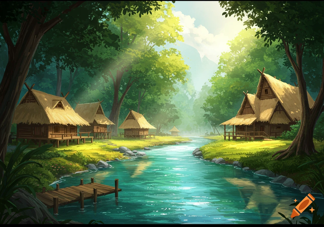 A riparian forest village with straw-roofed huts by a river.