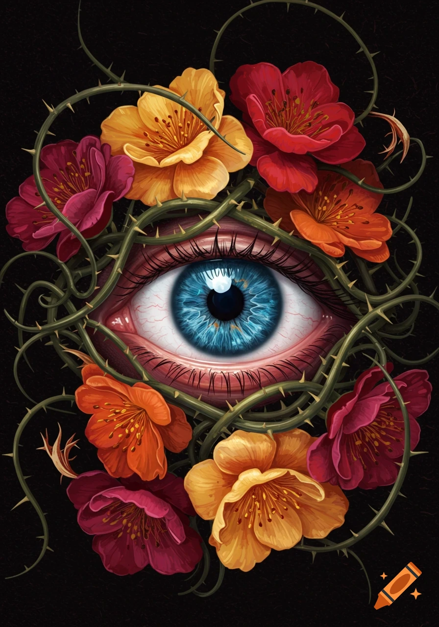 A blue eye is surrounded by colorful flowers and thorny vines.