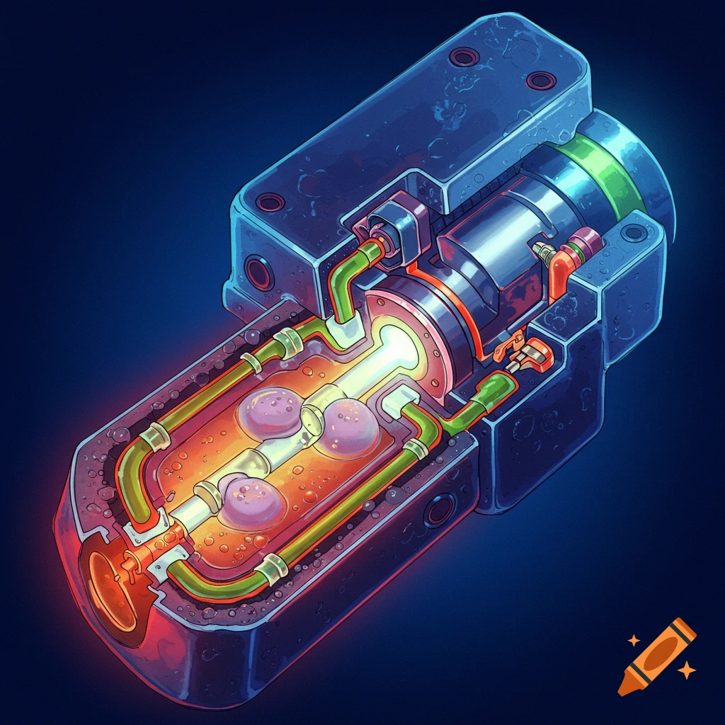 Cutaway view of a futuristic micropump with glowing parts, tubes, and bubbly fluid.