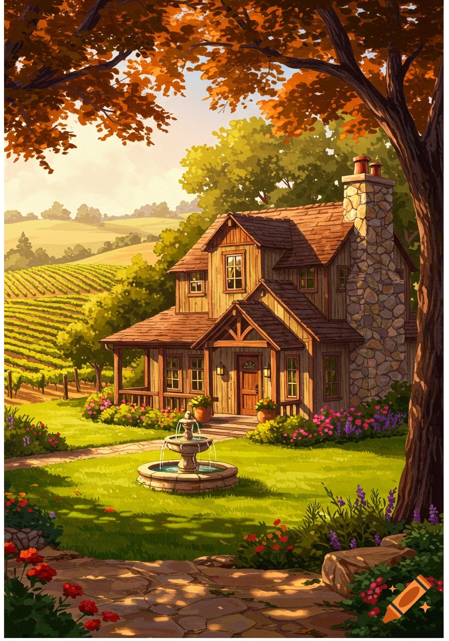 A rustic cottage beside a vineyard in autumn.