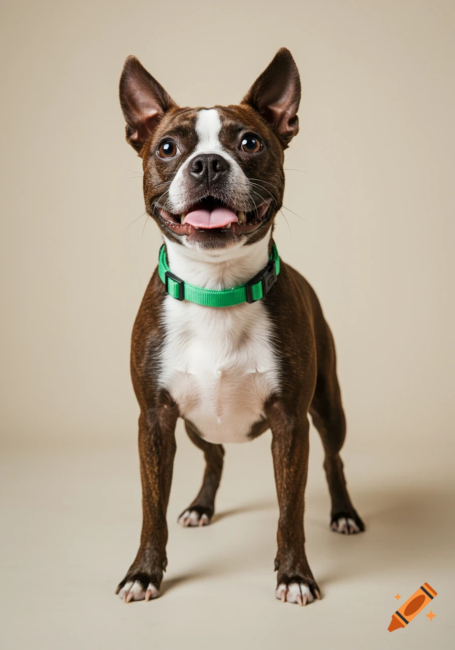 A brown and white Boston Terrier with a green collar stands in a studio portrait.