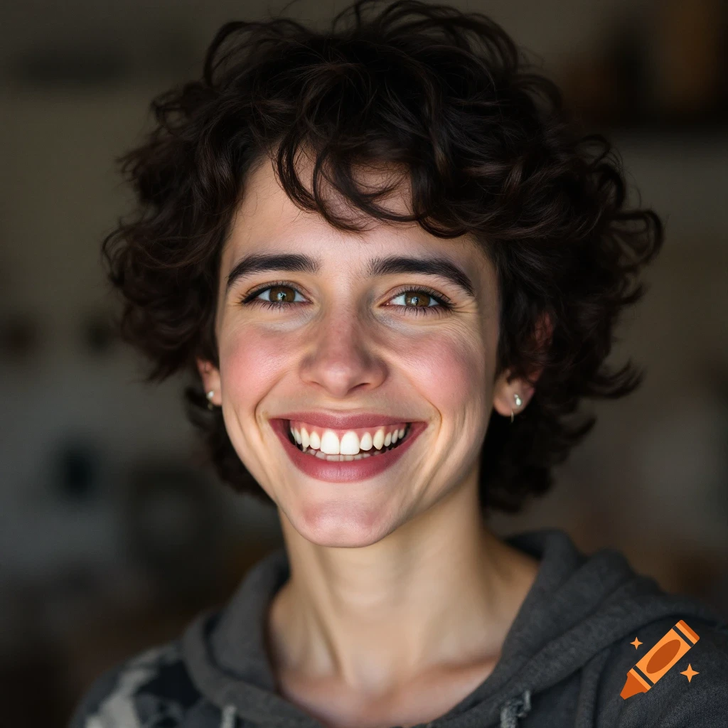Close-up portrait of a smiling woman with short curly brown hair wearing a gray hoodie.