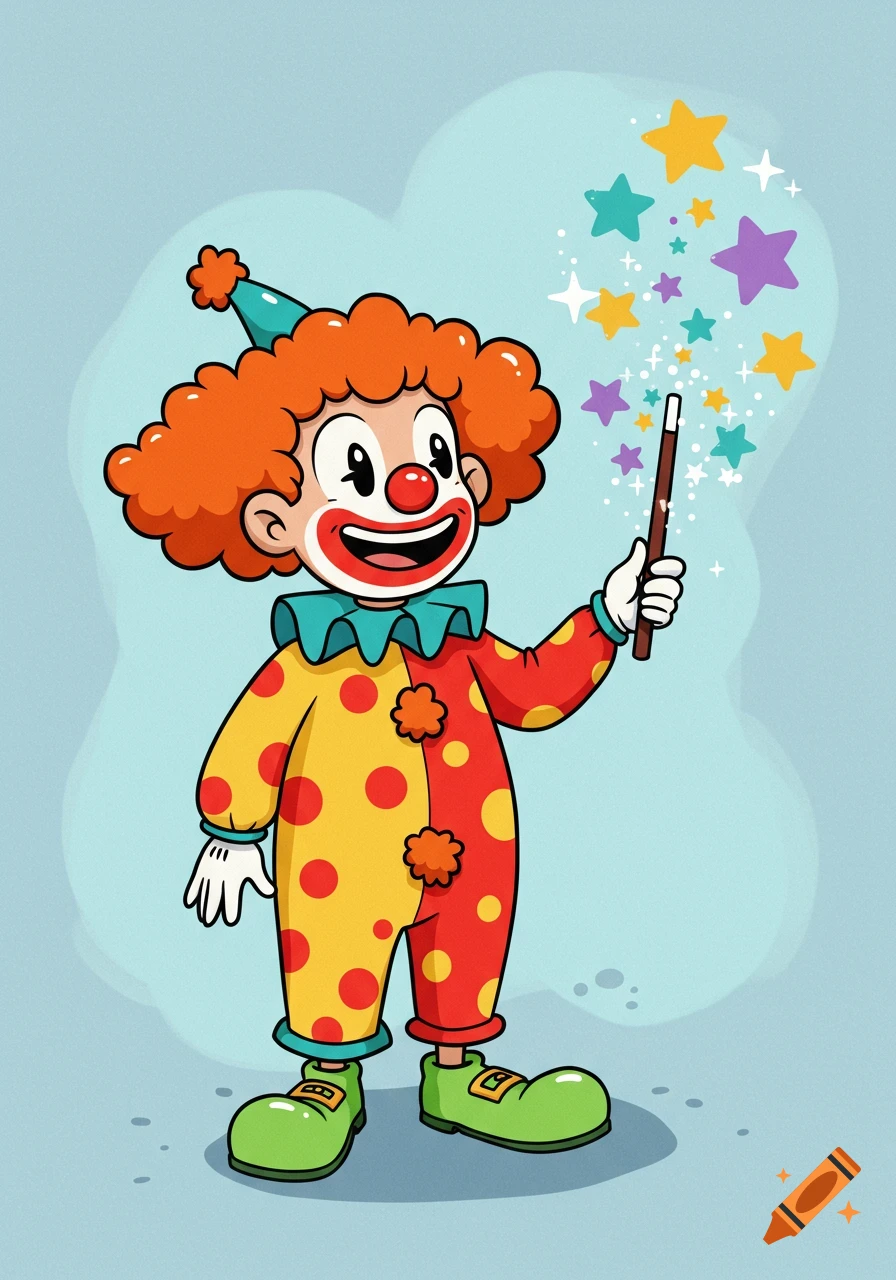 Cartoon clown holding a magic wand with colorful stars appearing.