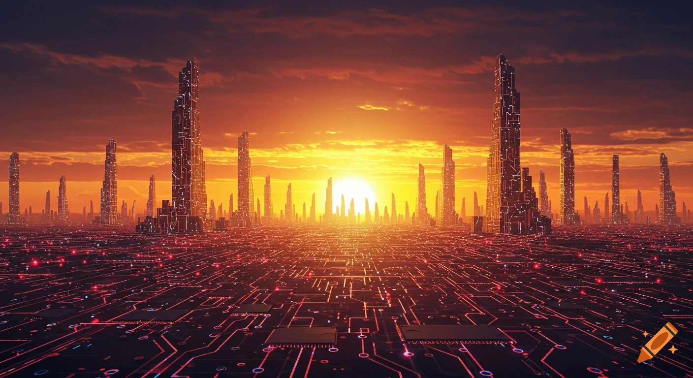A stylized sunrise over a futuristic city skyline with the ground appearing as a vast circuit board.