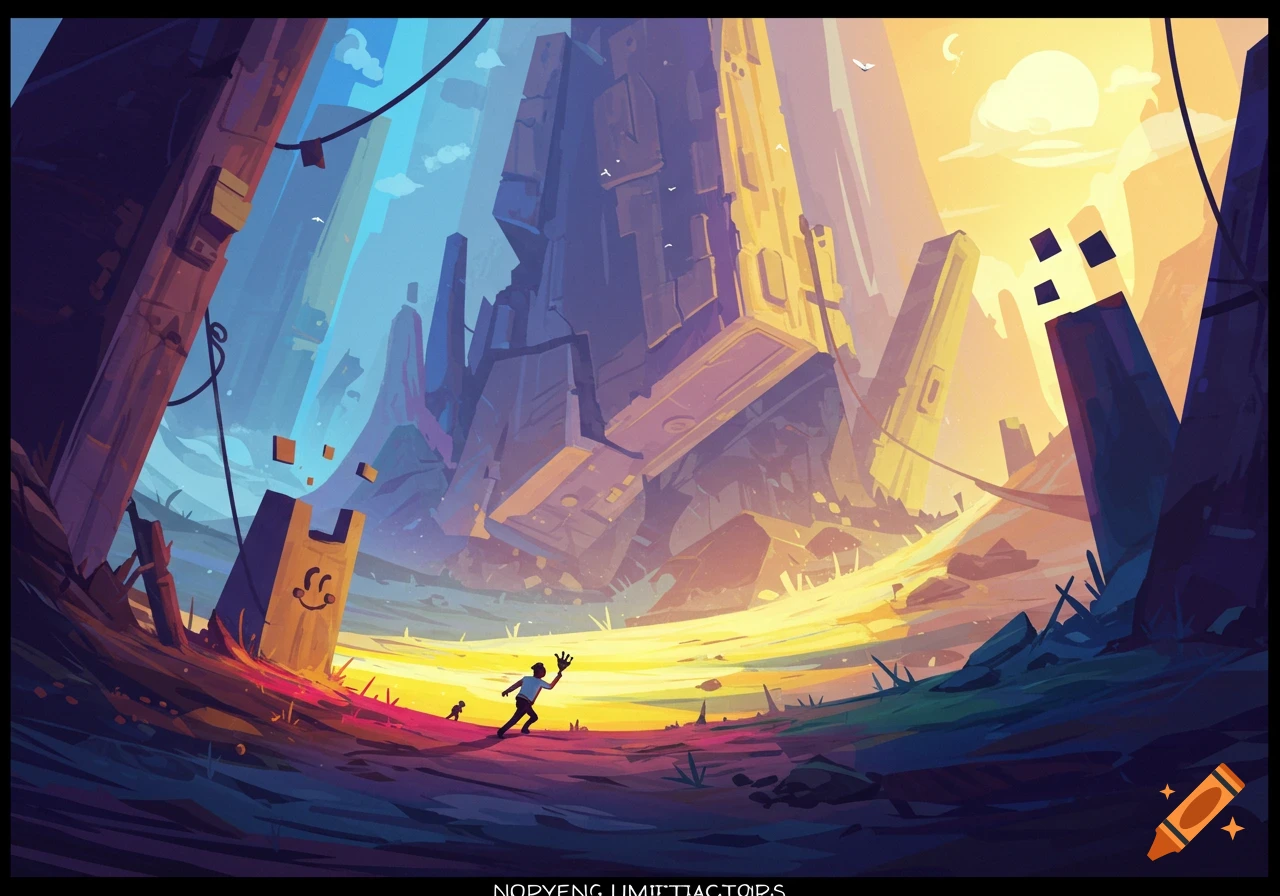 Stylized vibrant landscape with abstract structures and small figures.