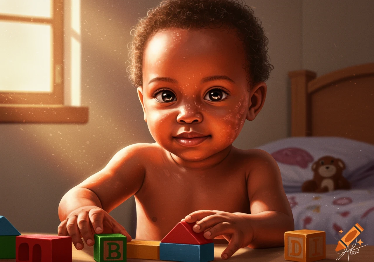 A baby plays with colorful building blocks in a sunny room.