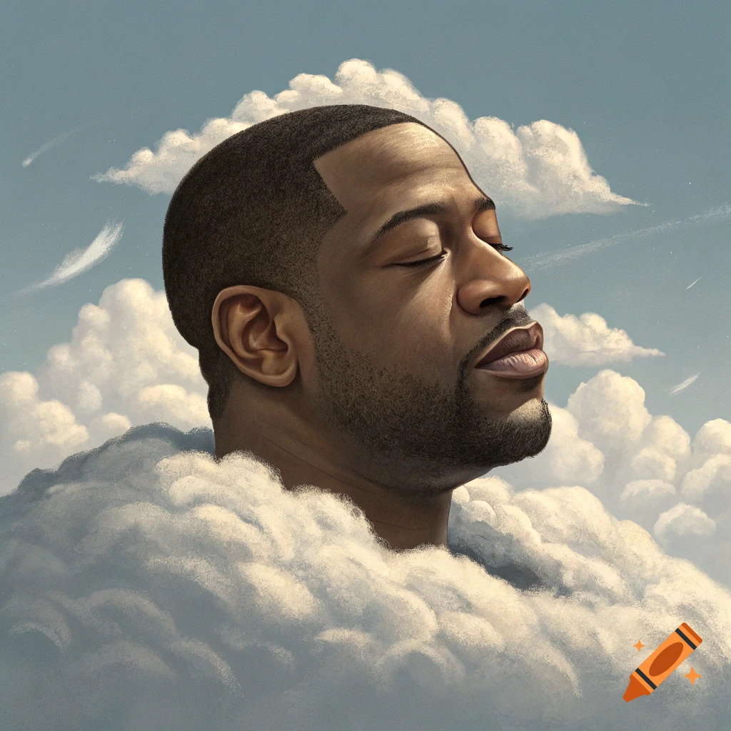 Realistic portrait of a man's head emerging from clouds in a blue sky.