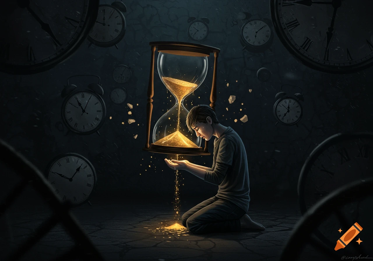 A person kneels before a glowing hourglass, surrounded by clocks in a dark, atmospheric setting.