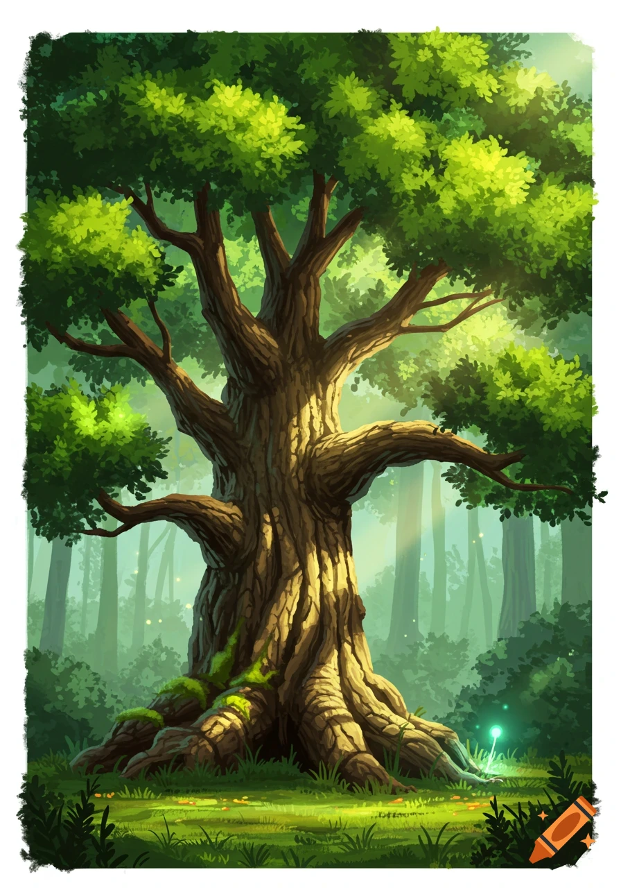 A large, old tree in a sunlit forest with glowing plants.