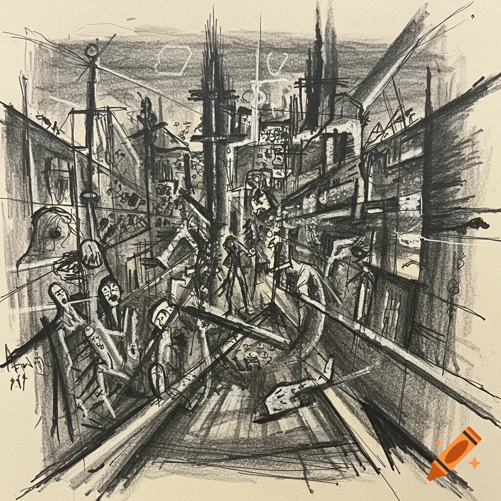 A surreal, chaotic charcoal drawing of distorted figures in a city street.