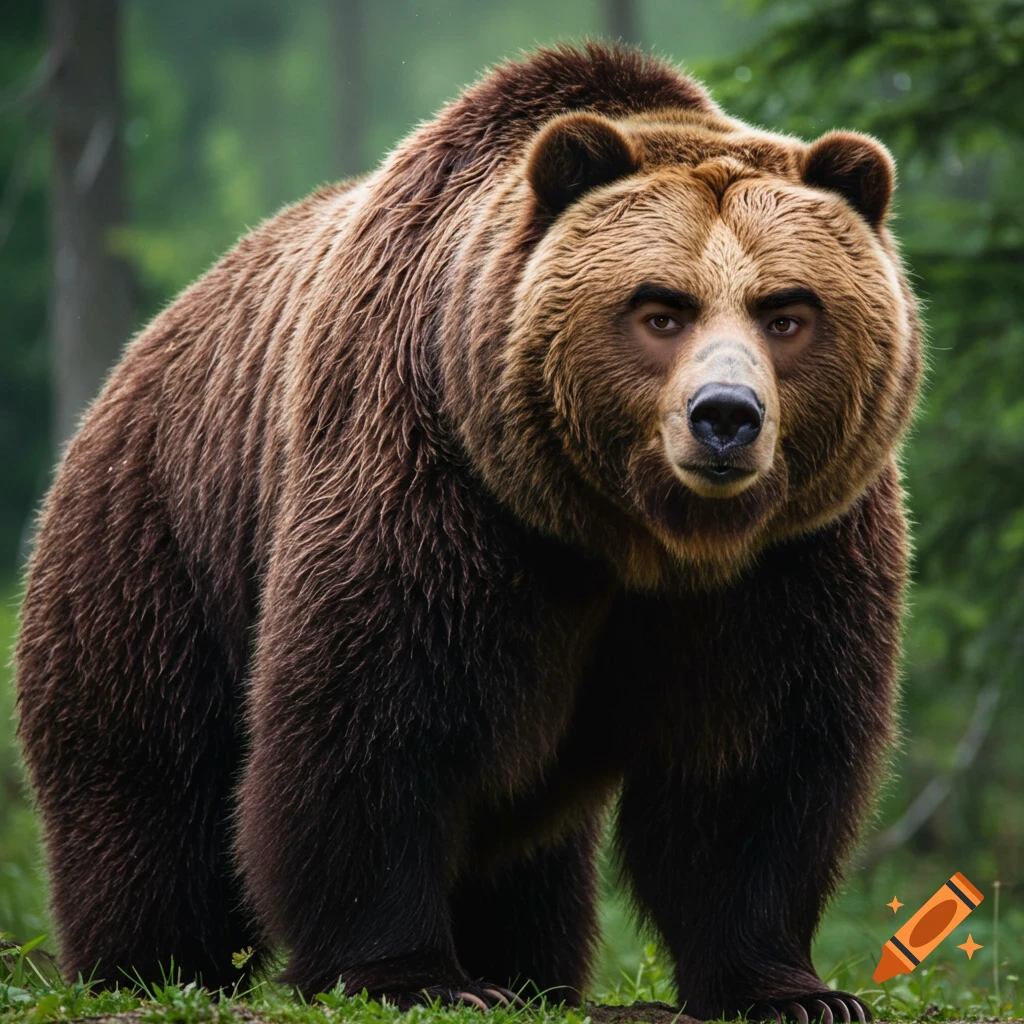 A grizzly bear with human eyes in a forest